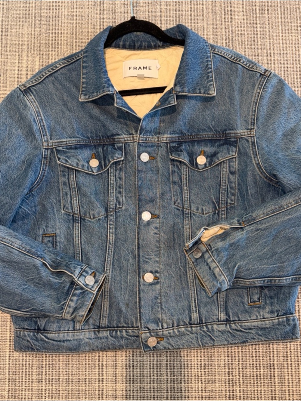 FRAME Quilted Satin-Lined Denim Trucker Jacket Men's Medium Blue Warm Insulated